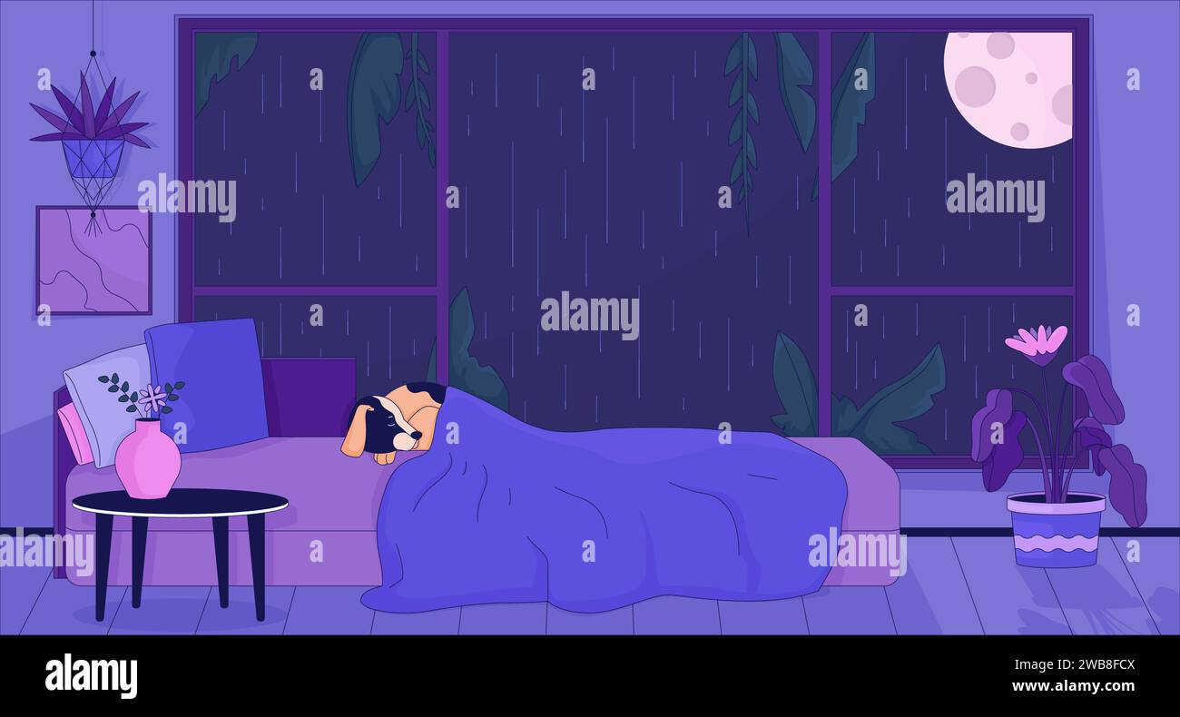 Dog sleeping in bed at night rainy 2D cartoon background Stock Vector