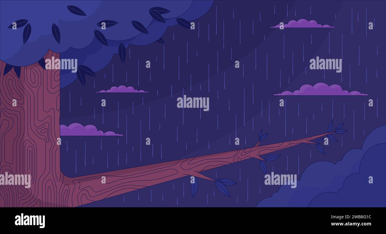 Oak tree branch on rain forest night 2D cartoon background Stock Vector
