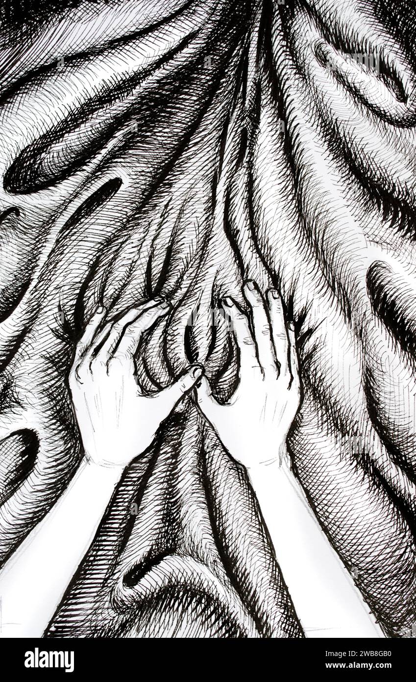 Ink drawing illustration of Hands on drapery Stock Photo - Alamy