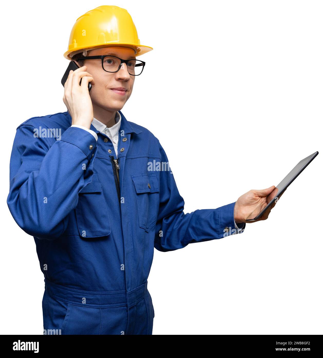 Isolated engineer with phone and digital tablet Stock Photo