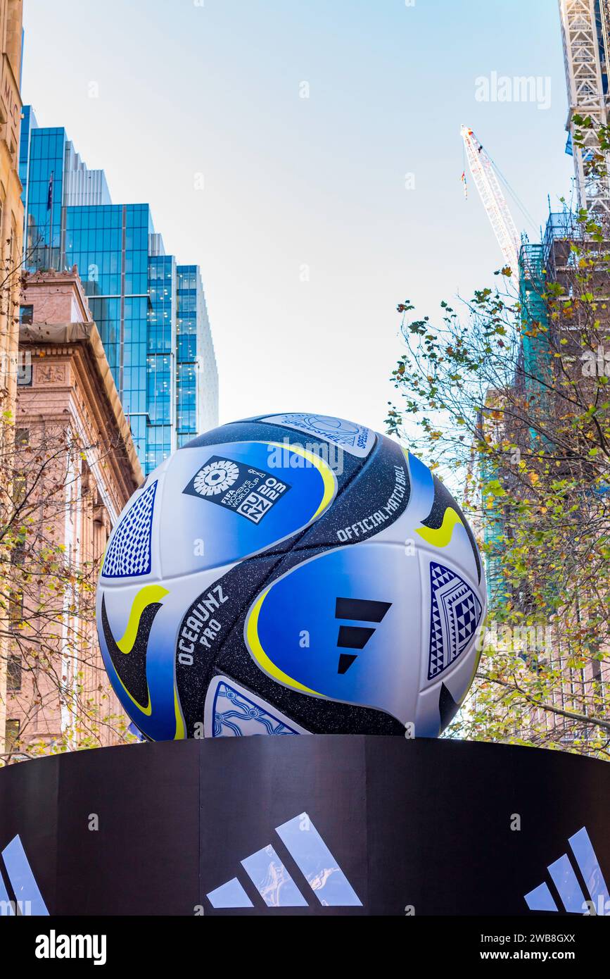 A giant 2023 FIFA Women's World Cup football mounted on an Adidas platform in Martin Place, Sydney, Australia Stock Photo