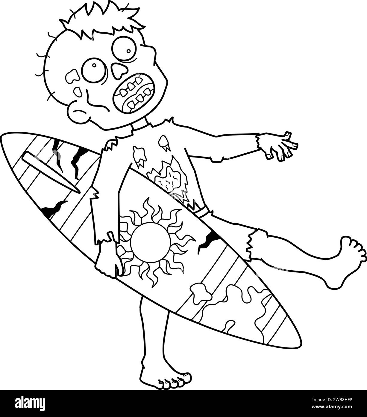 Zombie Surfer Isolated Coloring Page for Kids Stock Vector