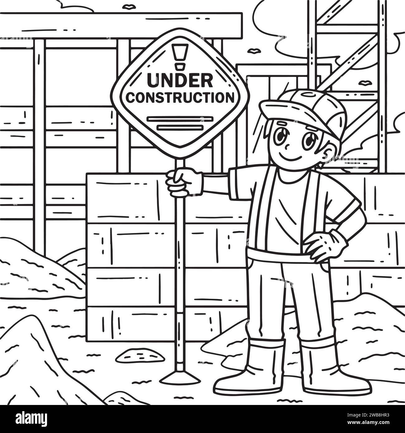 Construction Worker Holding Signage Coloring Page Stock Vector