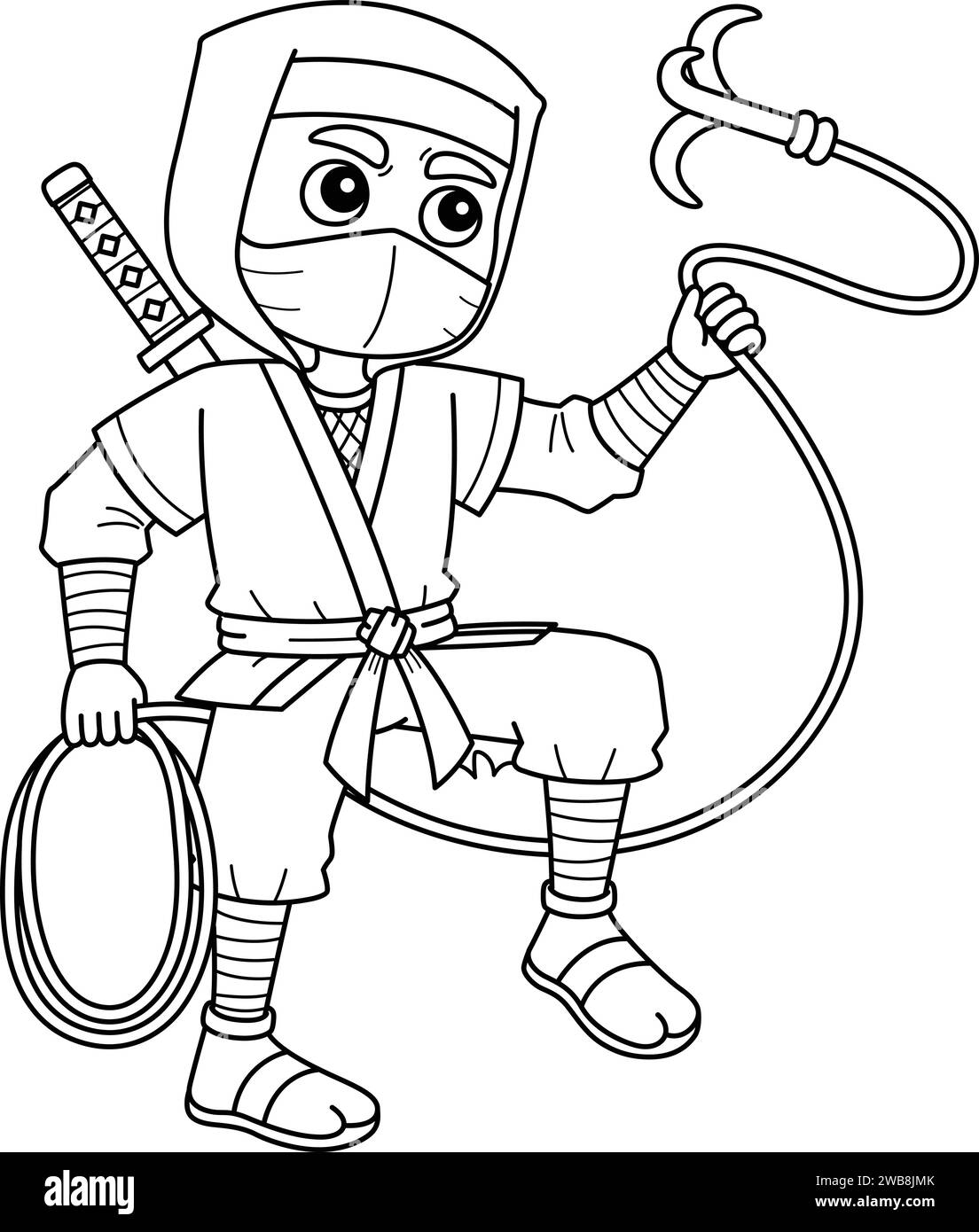 Ninja with Grappling Hook Isolated Coloring Page Stock Vector