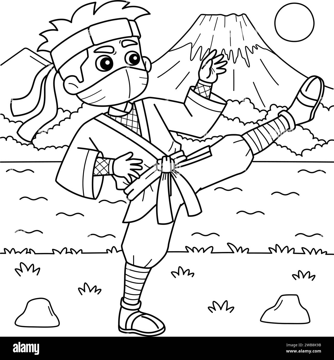 Ninja Doing Martial Arts Coloring Page for Kids Stock Vector
