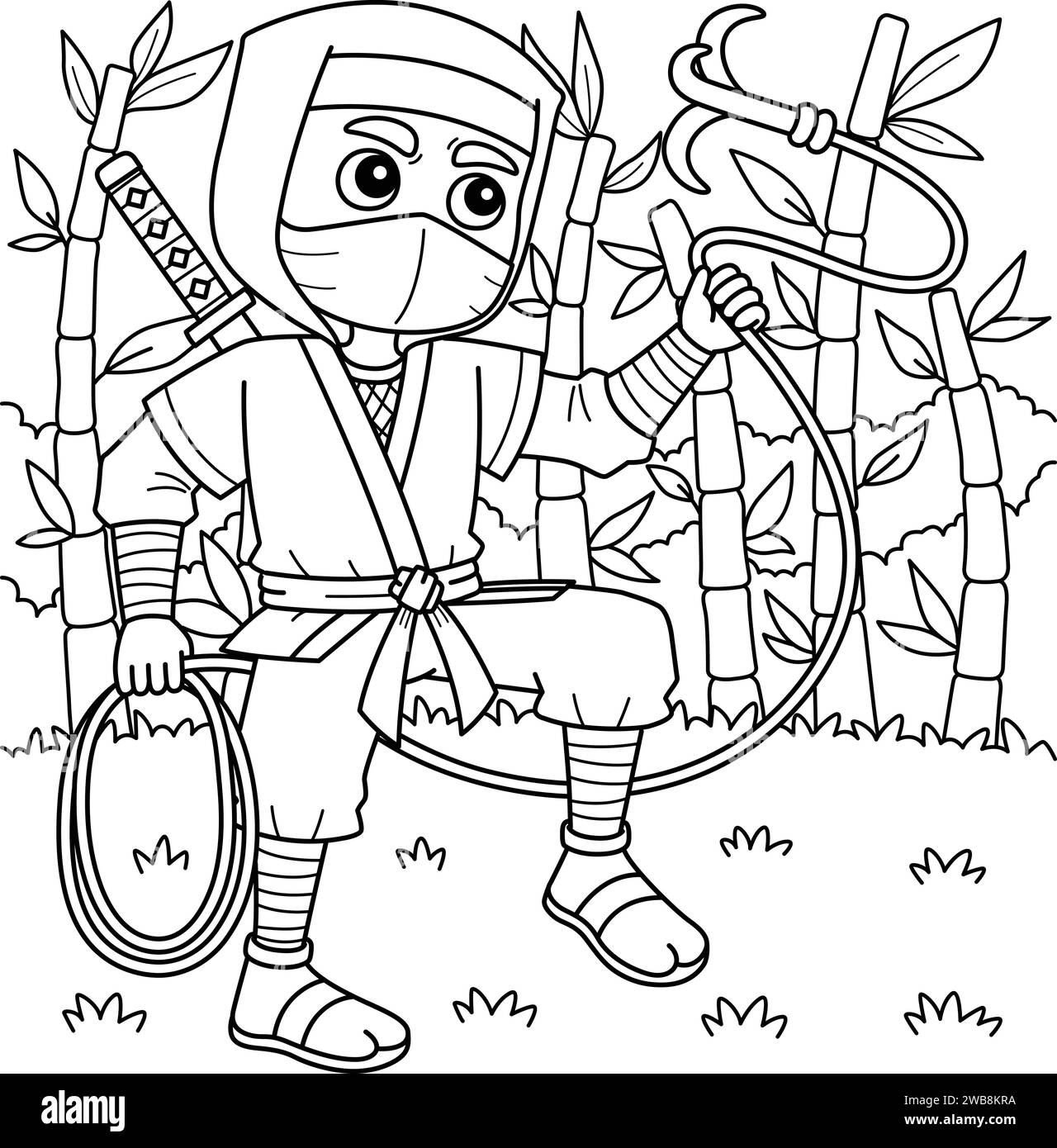 Ninja with a Grappling Hook Coloring Page for Kids Stock Vector