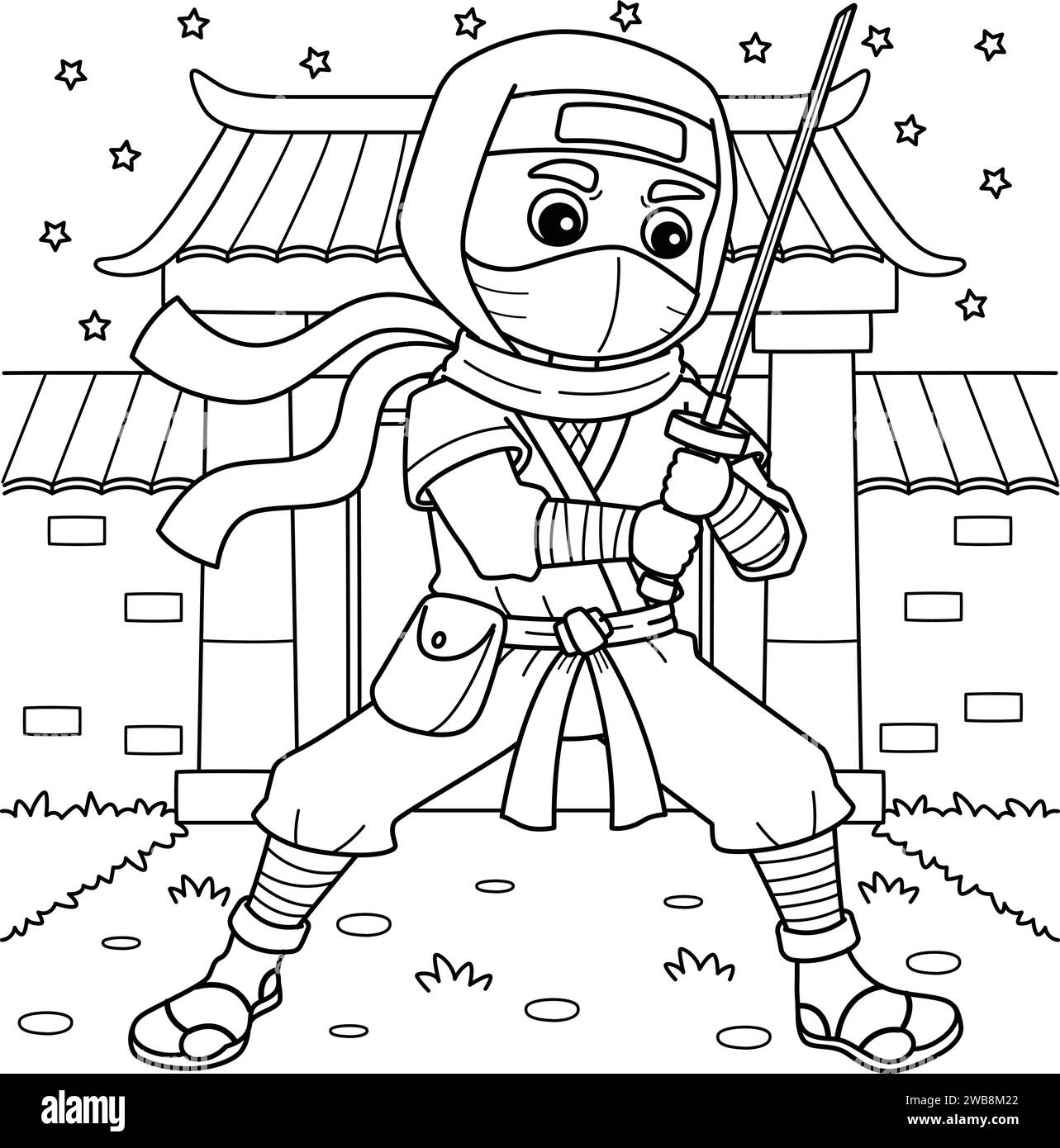 Ninja Holding a Katana Coloring Page for Kids Stock Vector Image & Art ...