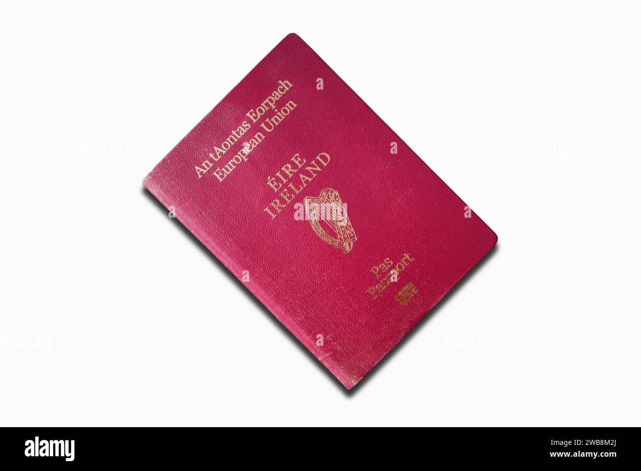 Dublin, Ireland - October 18 2018: Close-up on an Irish passport isolated on a white background. Stock Photo