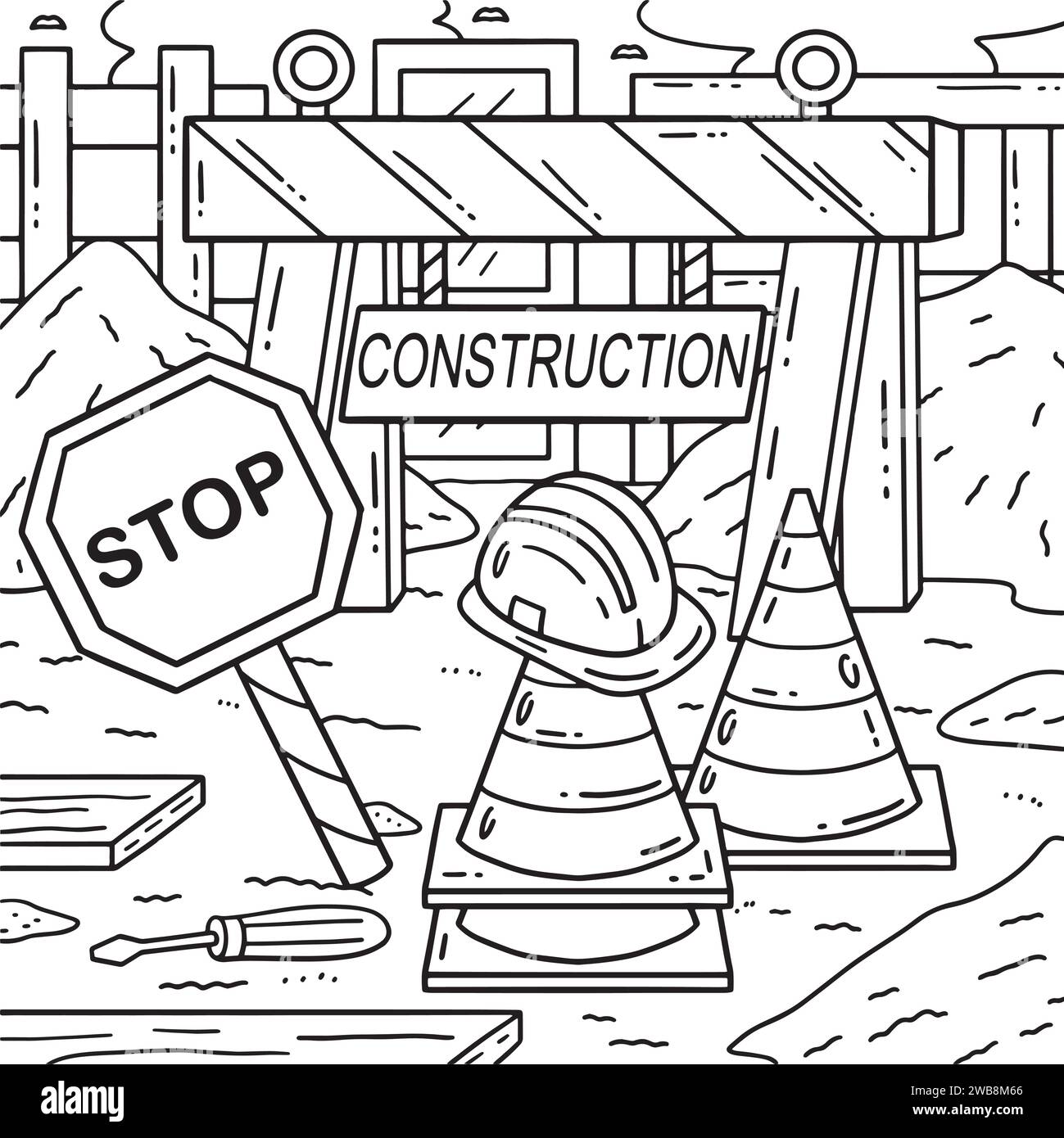 Construction Safety Signage Coloring Page for Kids Stock Vector