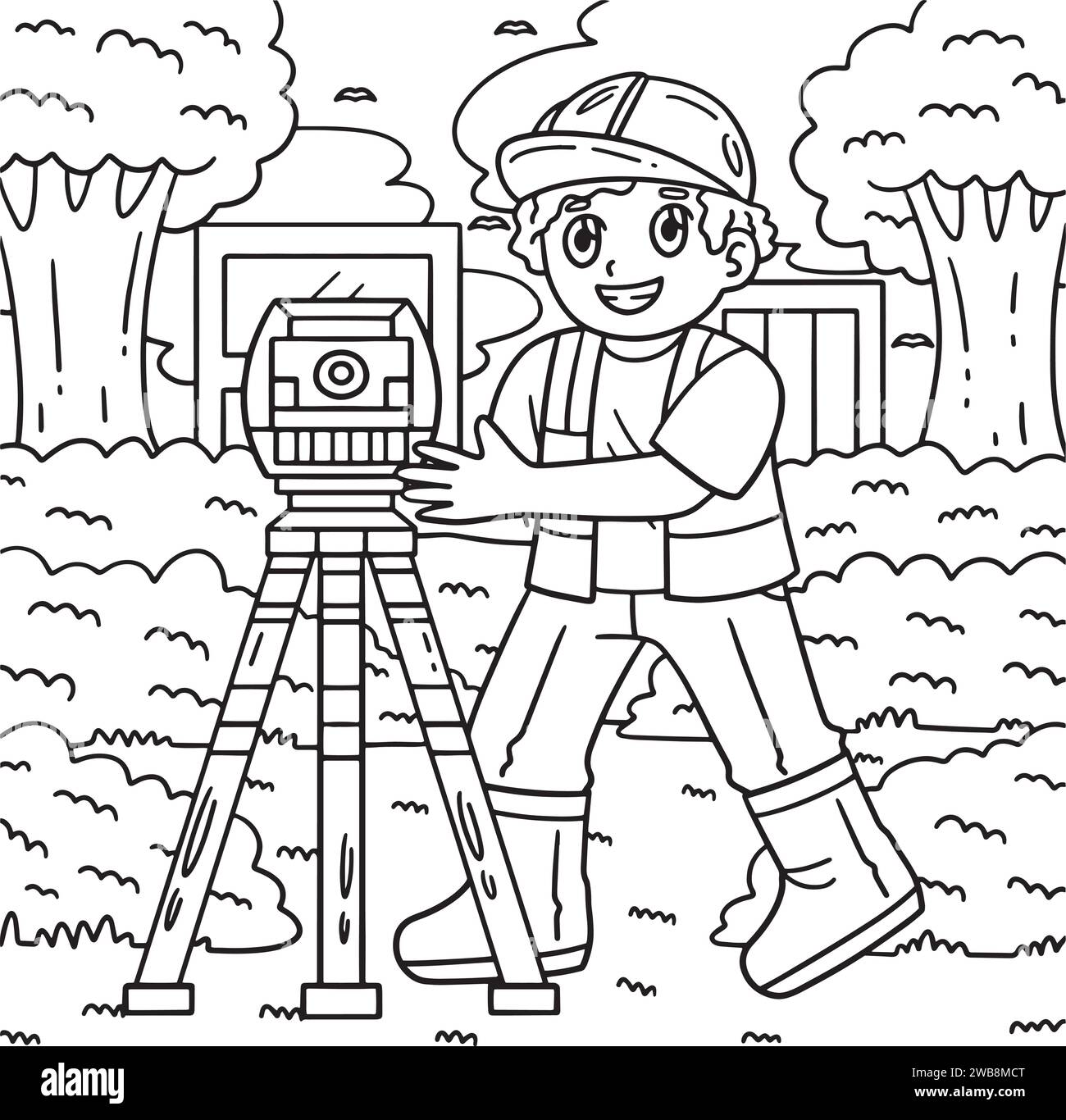 Construction Engineer with Surveying Tool Coloring Stock Vector Image
