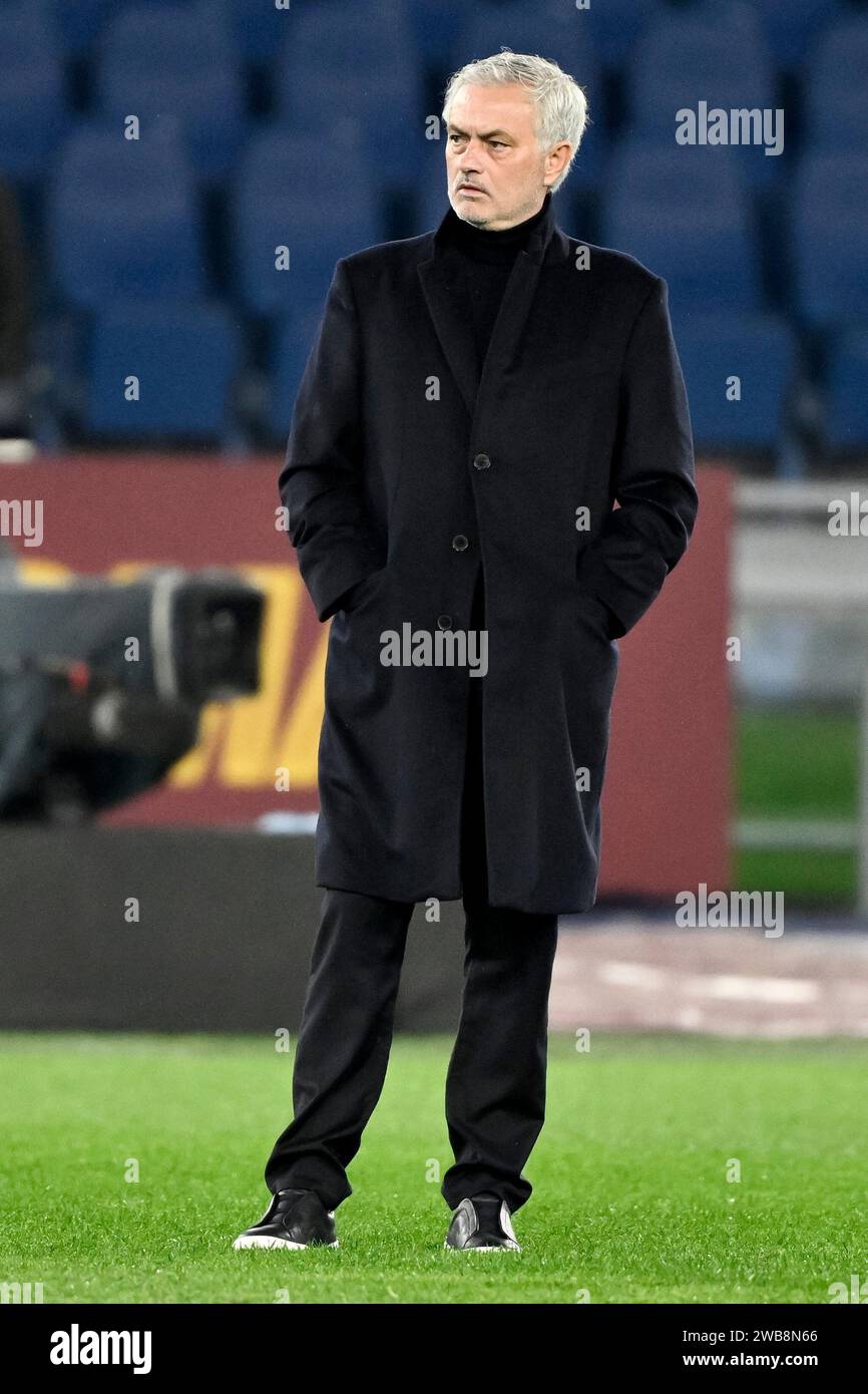 Jose Mourinho coach of AS Roma attends the warm up during the Serie A football match between AS Roma and Atalanta BC at Olimpico stadium in Rome (Italy), January 7th, 2024. Stock Photo