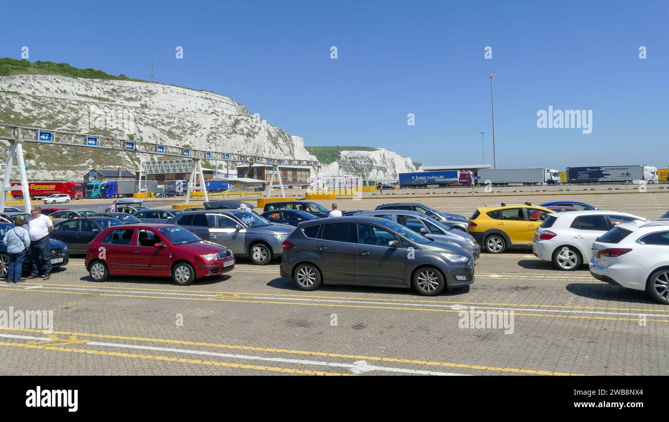 Dover, England, United Kingdom - May 26 2017: Port of Dower, car queue waiting for loading to ferry boat across English Channel (La Manche) to France Stock Photo