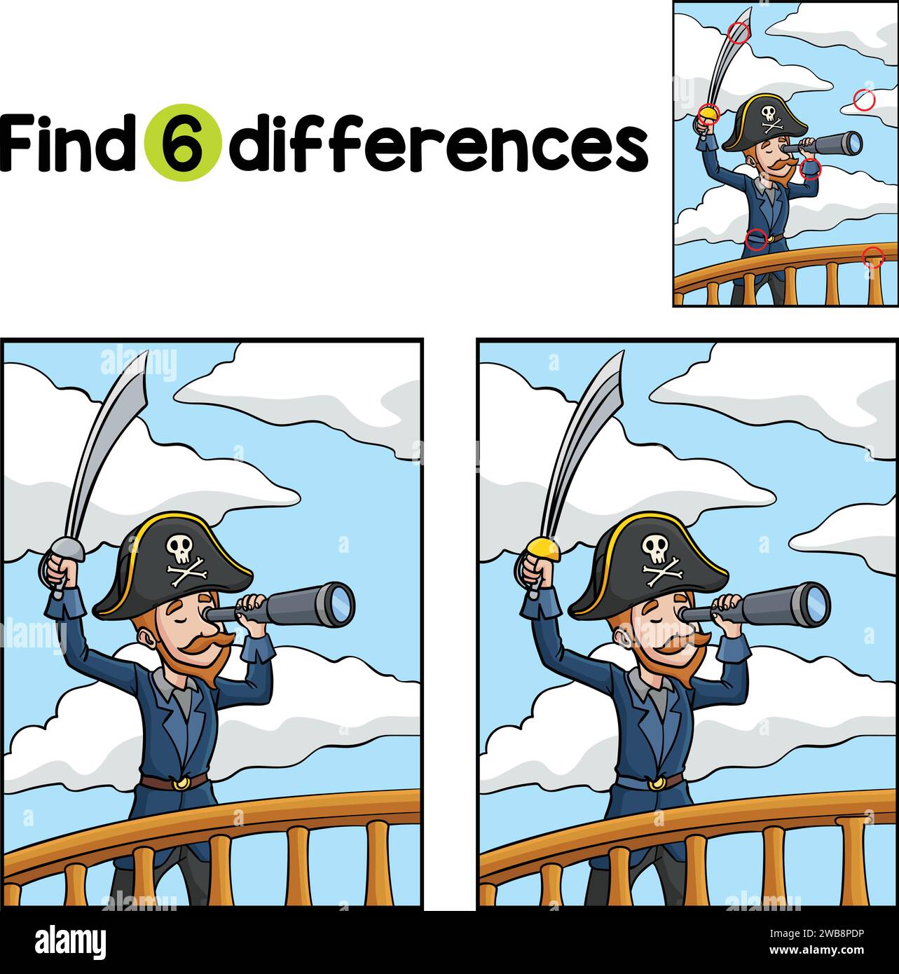 Pirate Differences Pirate with Sword Telescope Find The Differences Stock Vector Image ...