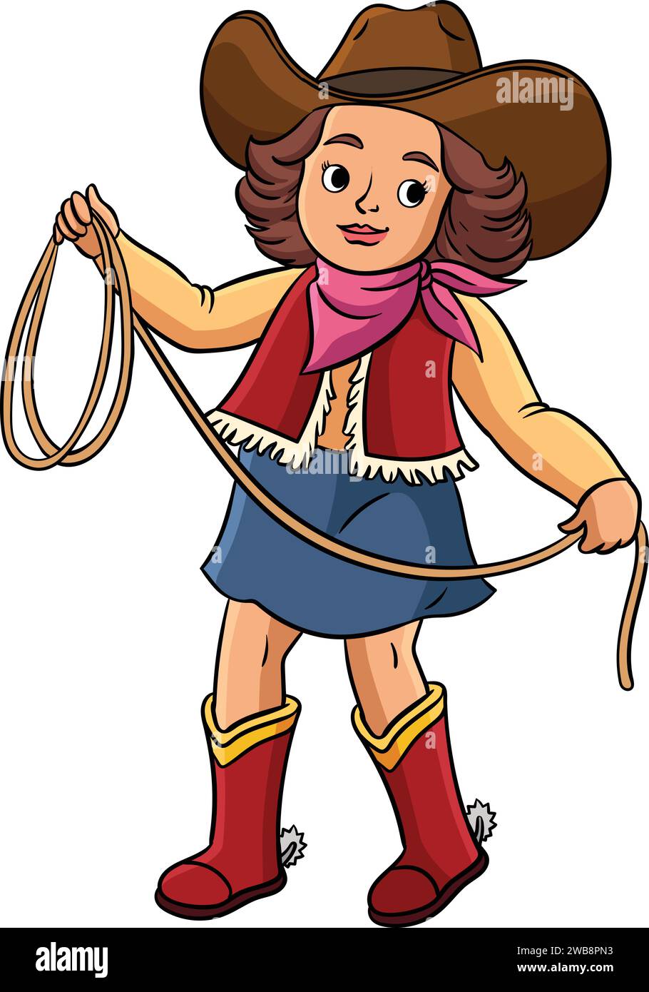 Cowboy Girl with a Rope Cartoon Colored Clipart Stock Vector