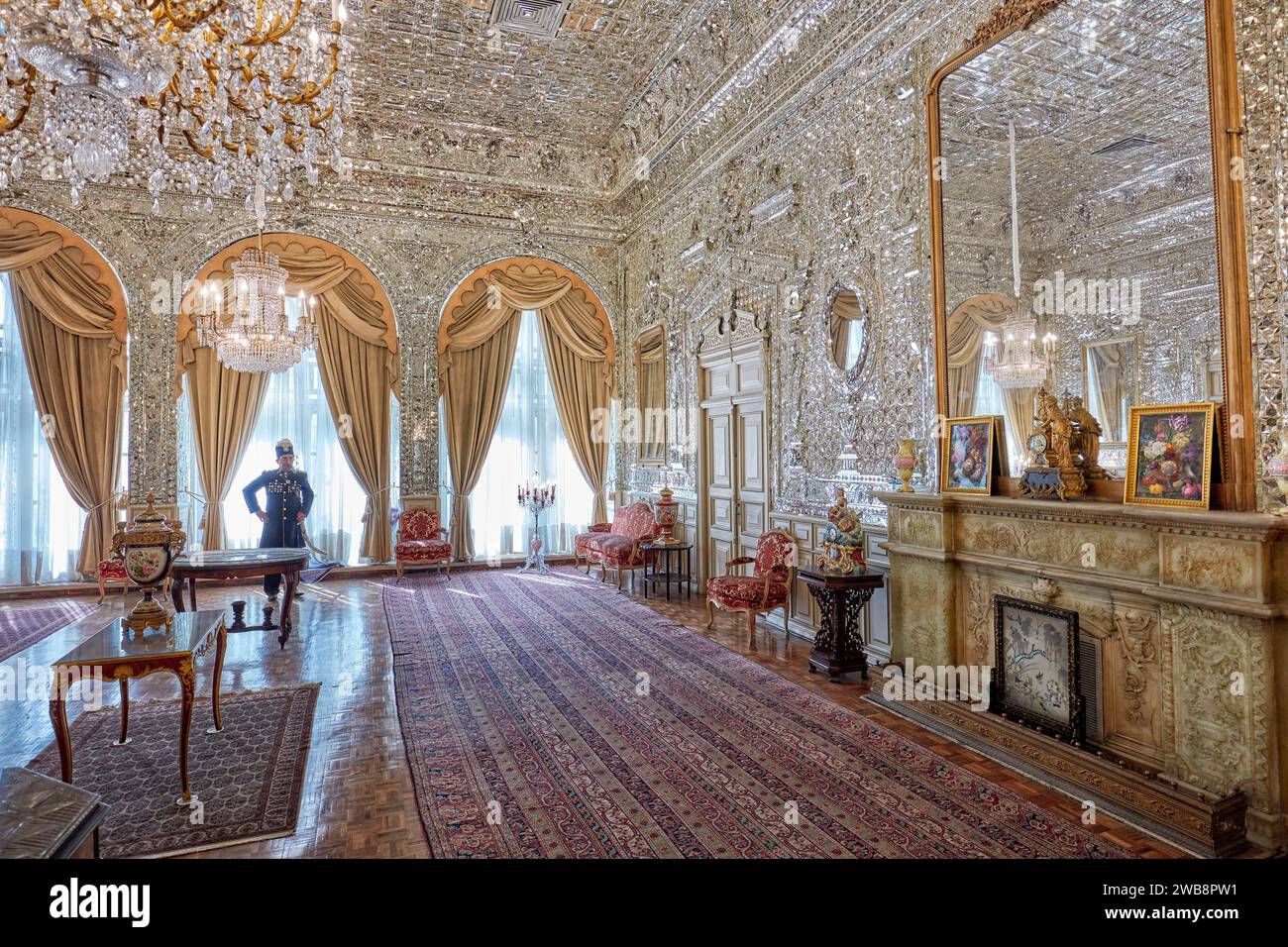 Interior view of the Diamond Hall (Talar e Almas) in the Golestan Palace, UNESCO World Heritage Site. Tehran, Iran. Stock Photo
