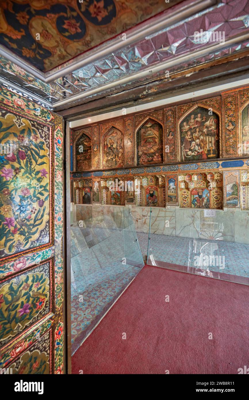 Interior view of a room with colorful old frescoes in the Golestan Palace, UNESCO World Heritage Site. Tehran, Iran. Stock Photo