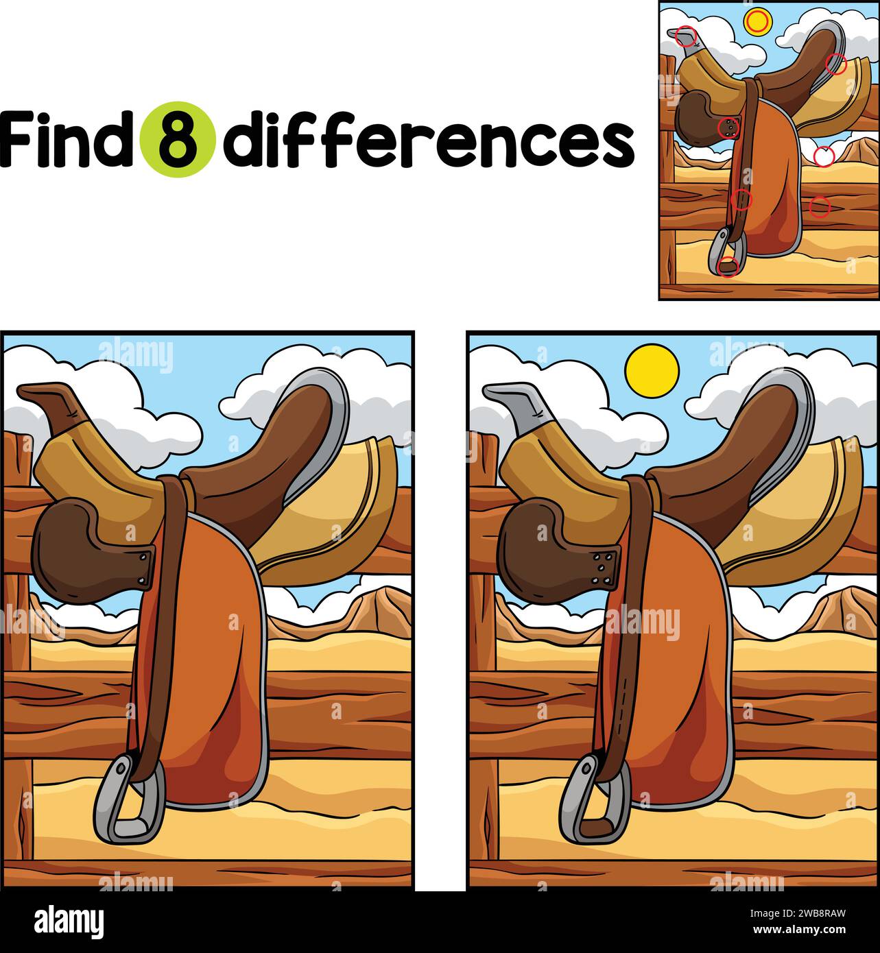 Cowboy Horse Riding Saddle Find The Differences Stock Vector