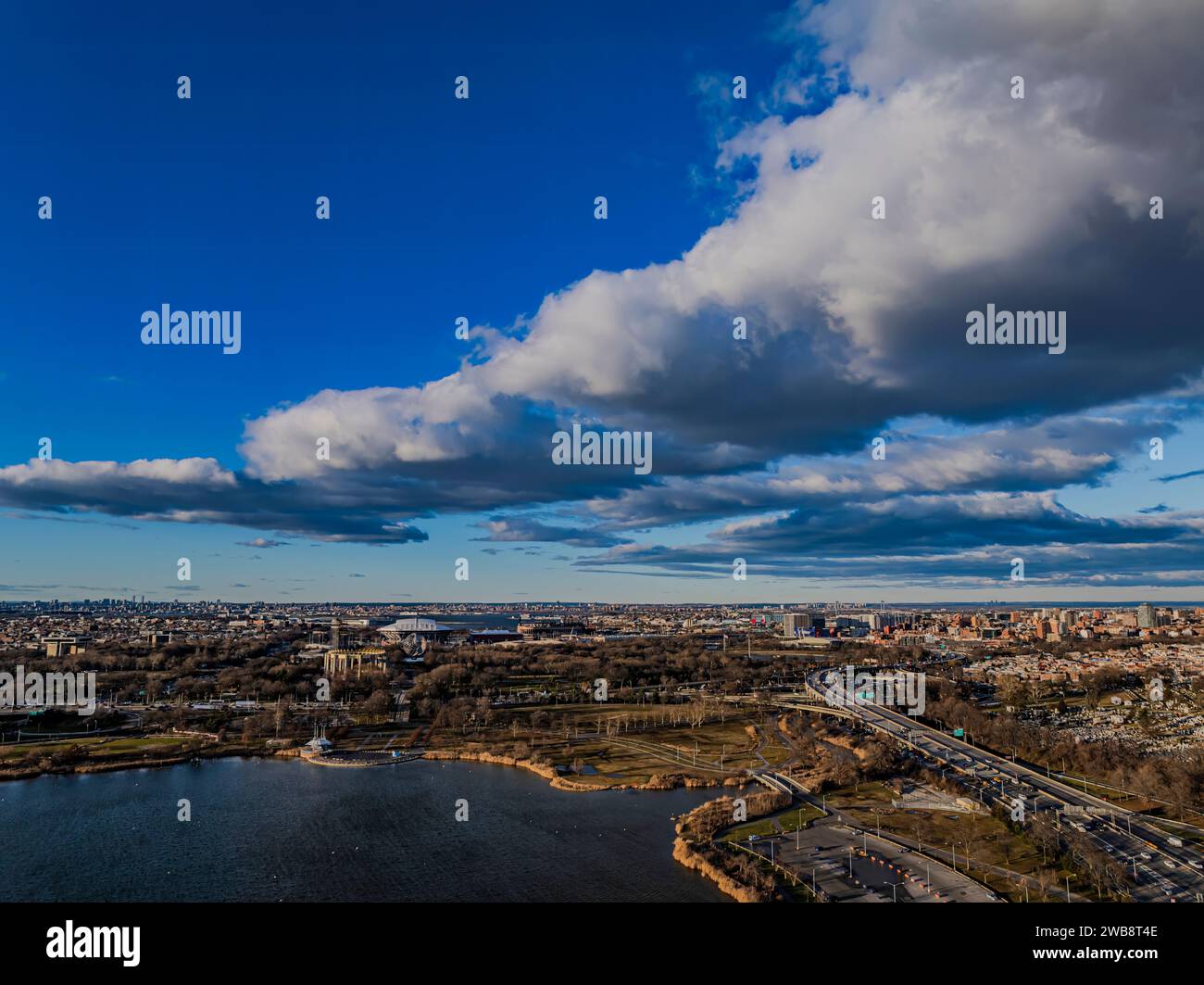 An aerial view of Meadow Lake and highways at Flushing Meadow Corona