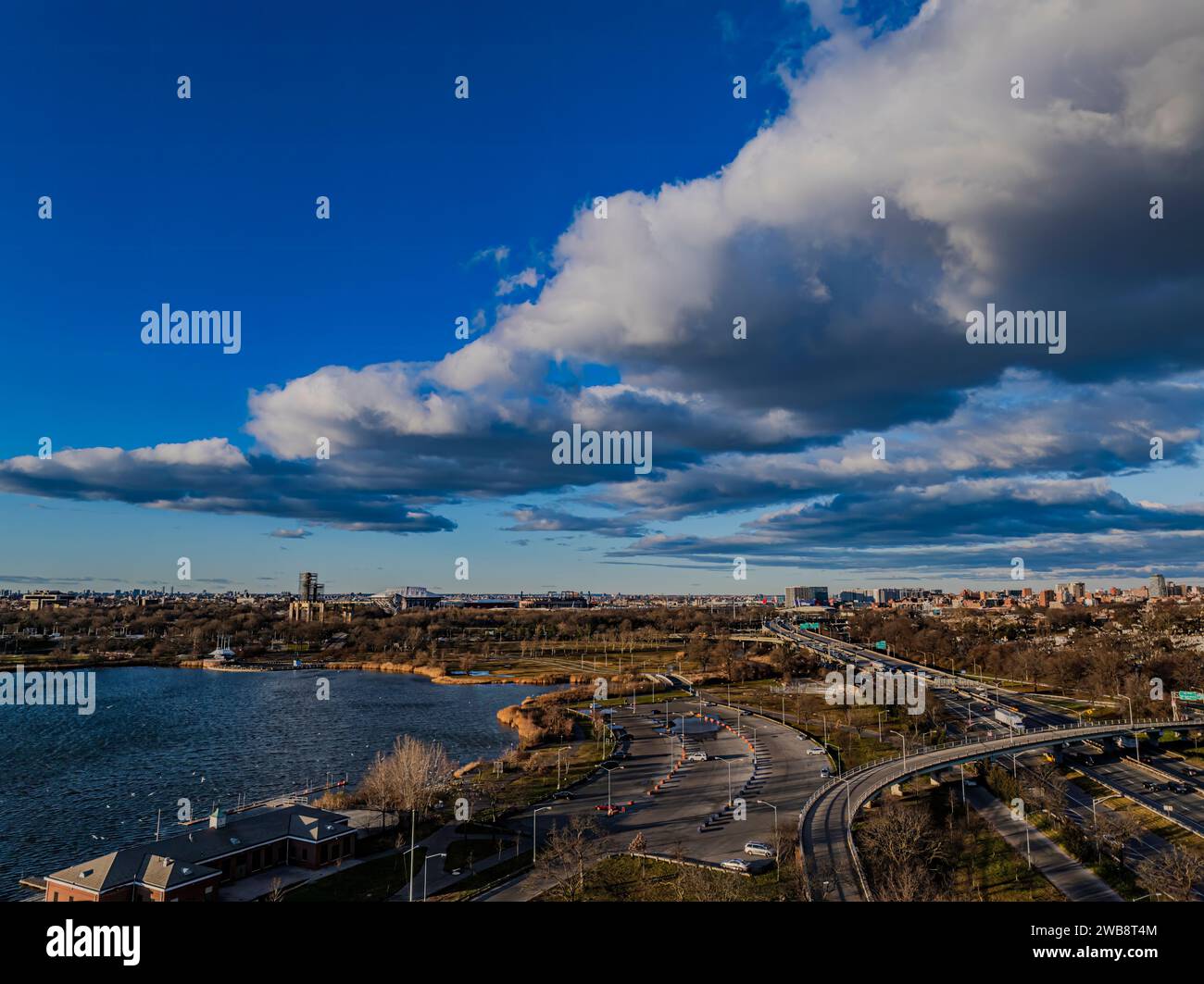 An aerial view of Meadow Lake and highways at Flushing Meadow Corona