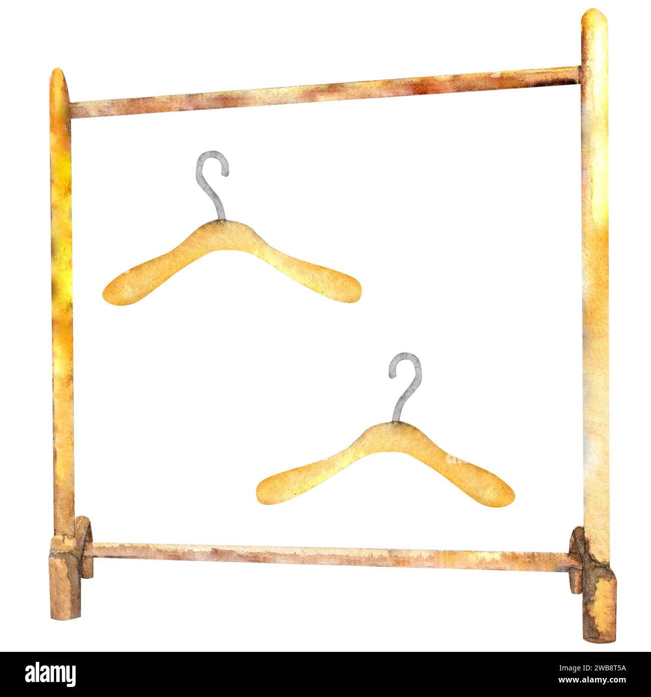 Watercolor illustration of wooden floor coat rack and clothes rack. Stock Photo