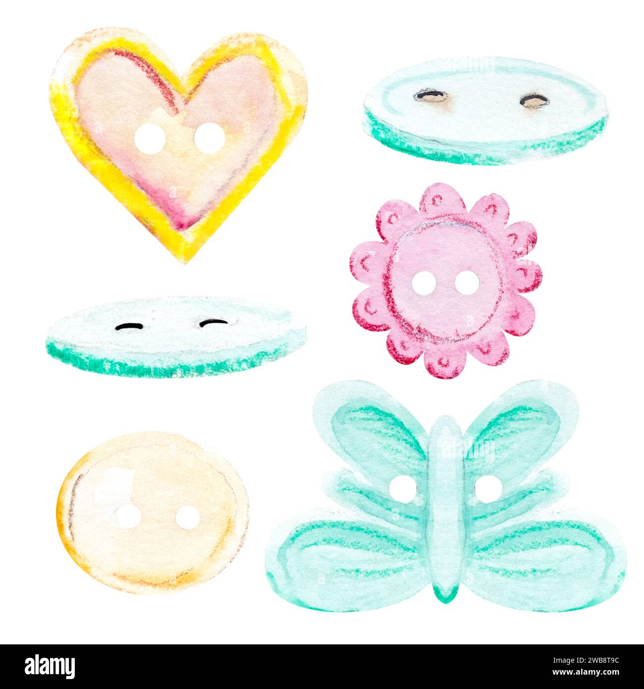 Watercolor sewing set. Hangers, buttons, threads, ribbon, sewing