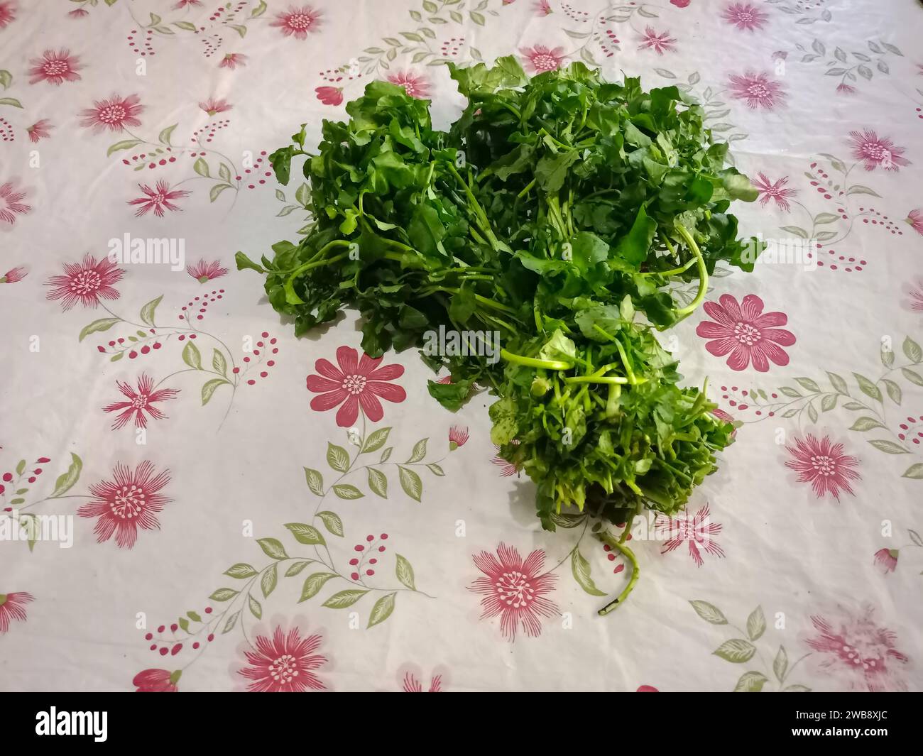fresh green vegetables on the table with floral patterns Stock Photo