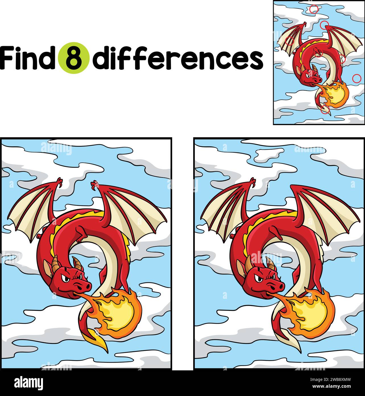 Knight Dragon Find The Differences Stock Vector