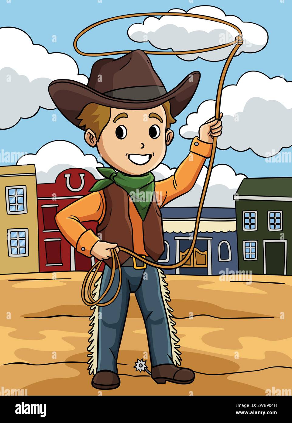 Cowboy with Rope Colored Cartoon Illustration Stock Vector