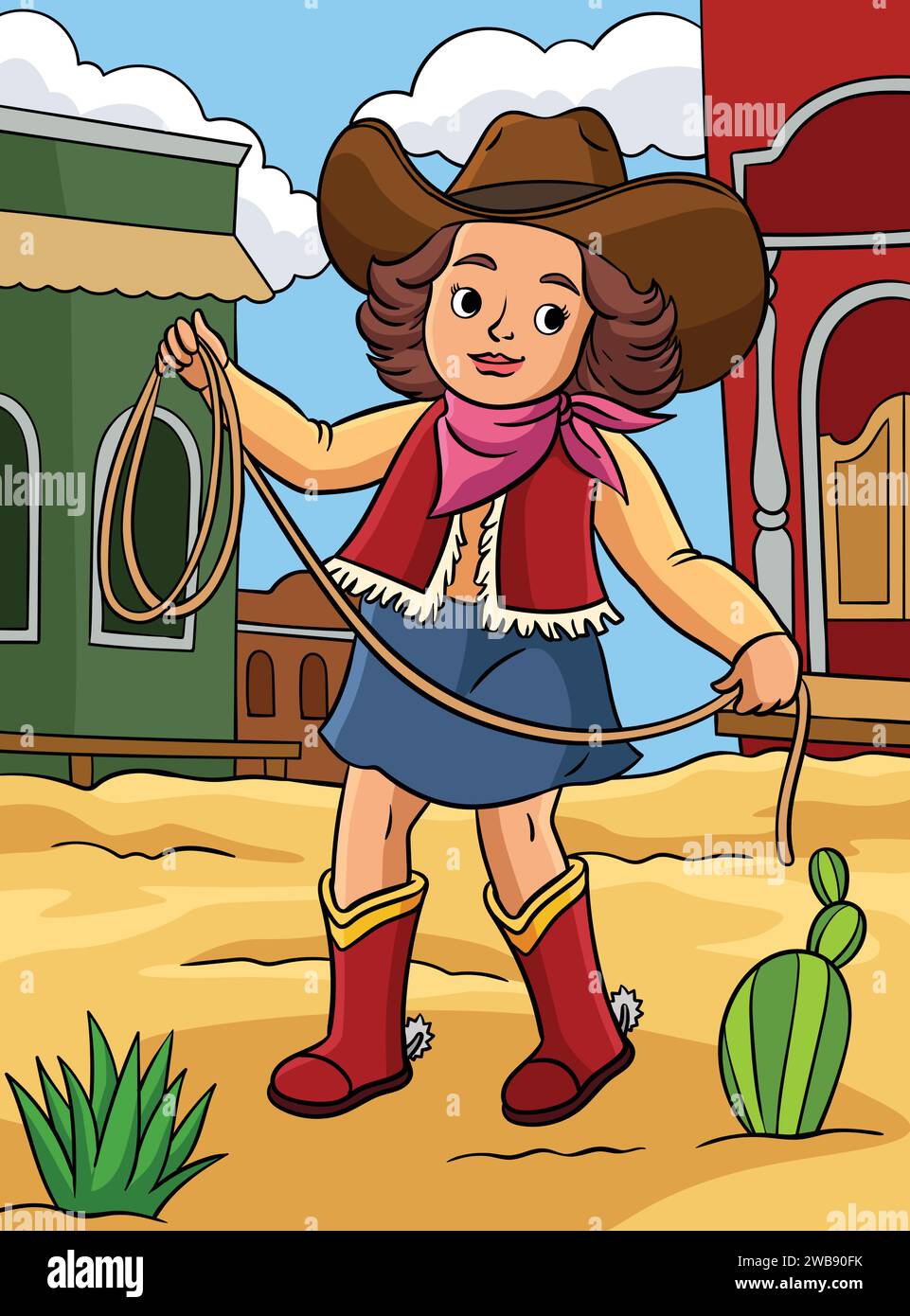 Cowboy Girl with a Rope Colored Cartoon  Stock Vector