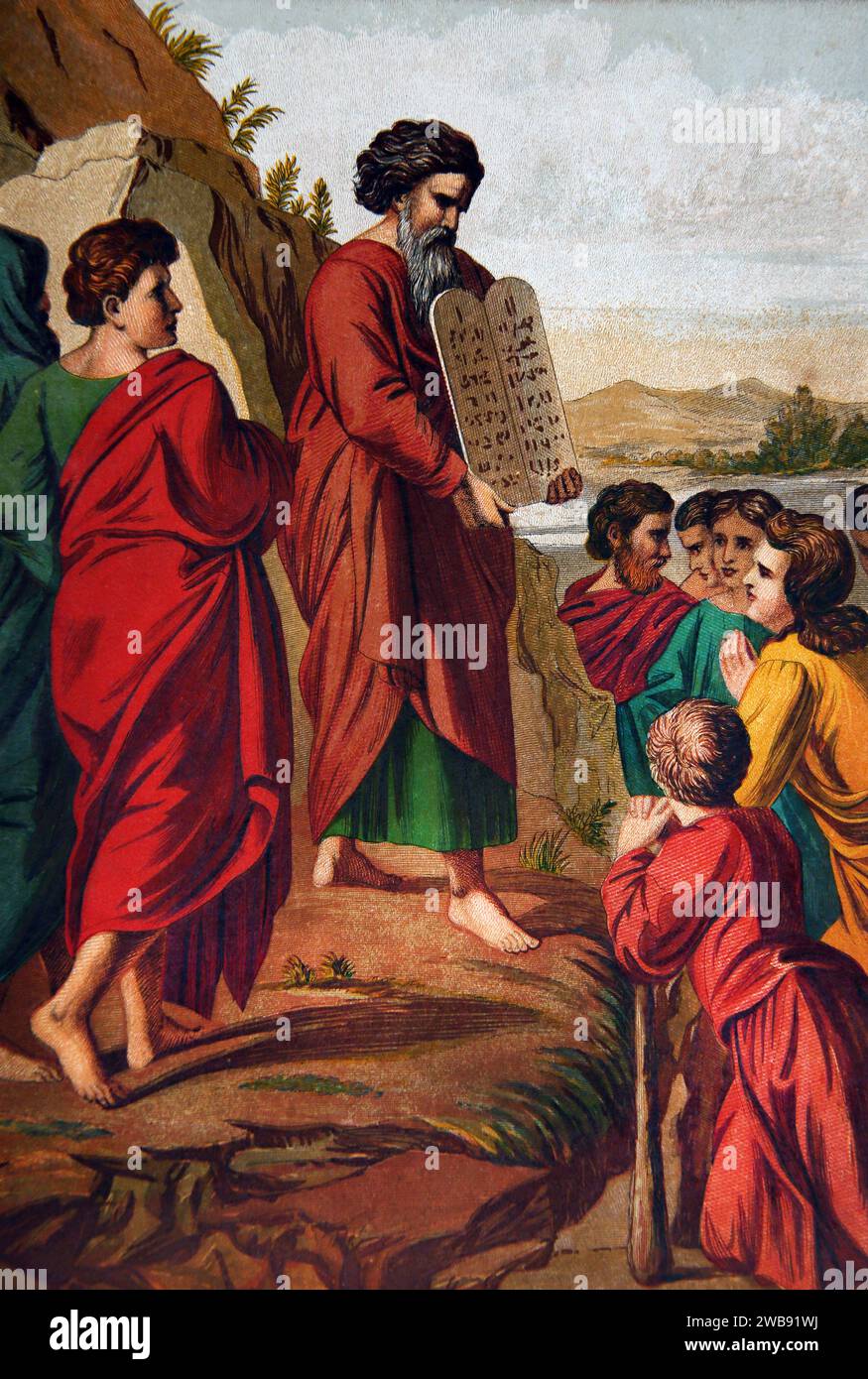 Illustration of Moses Descending Mount Sinai holding the Tablets of the Covenant (Exodus) from Antique Illustrated Family Bible Stock Photo