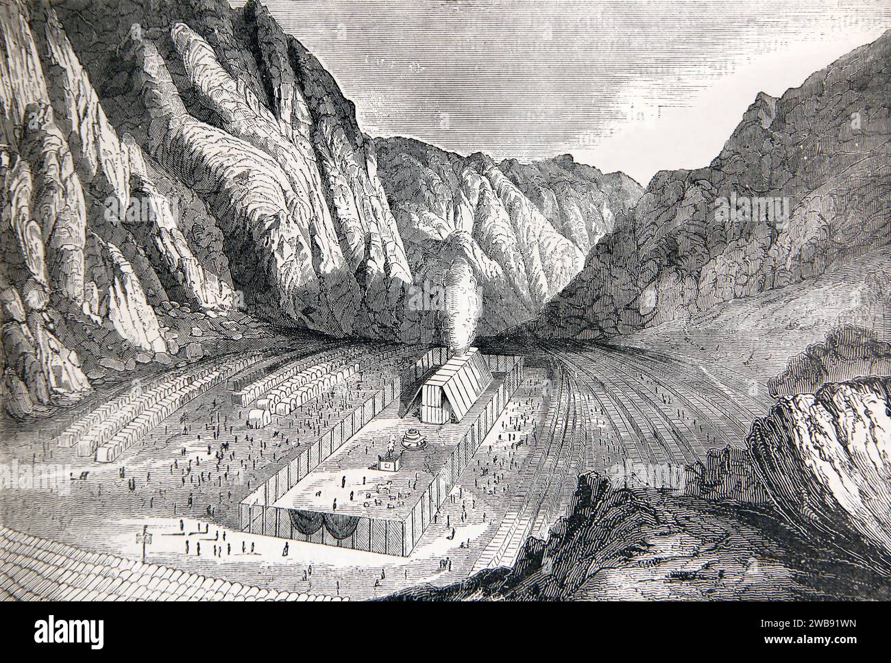 Illustration of General view of the Camp Court and the Tabernacle with the Altar of Burnt-Offering in the Wilderness (Exodus) Stock Photo