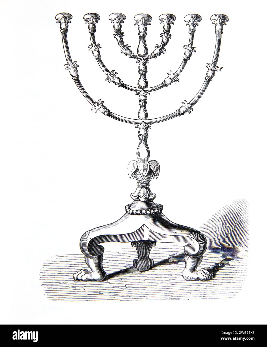 Wood Engraving of the Golden Candlestick from the Tabernacle (Exodus) from Illustrated Family Bible Stock Photo