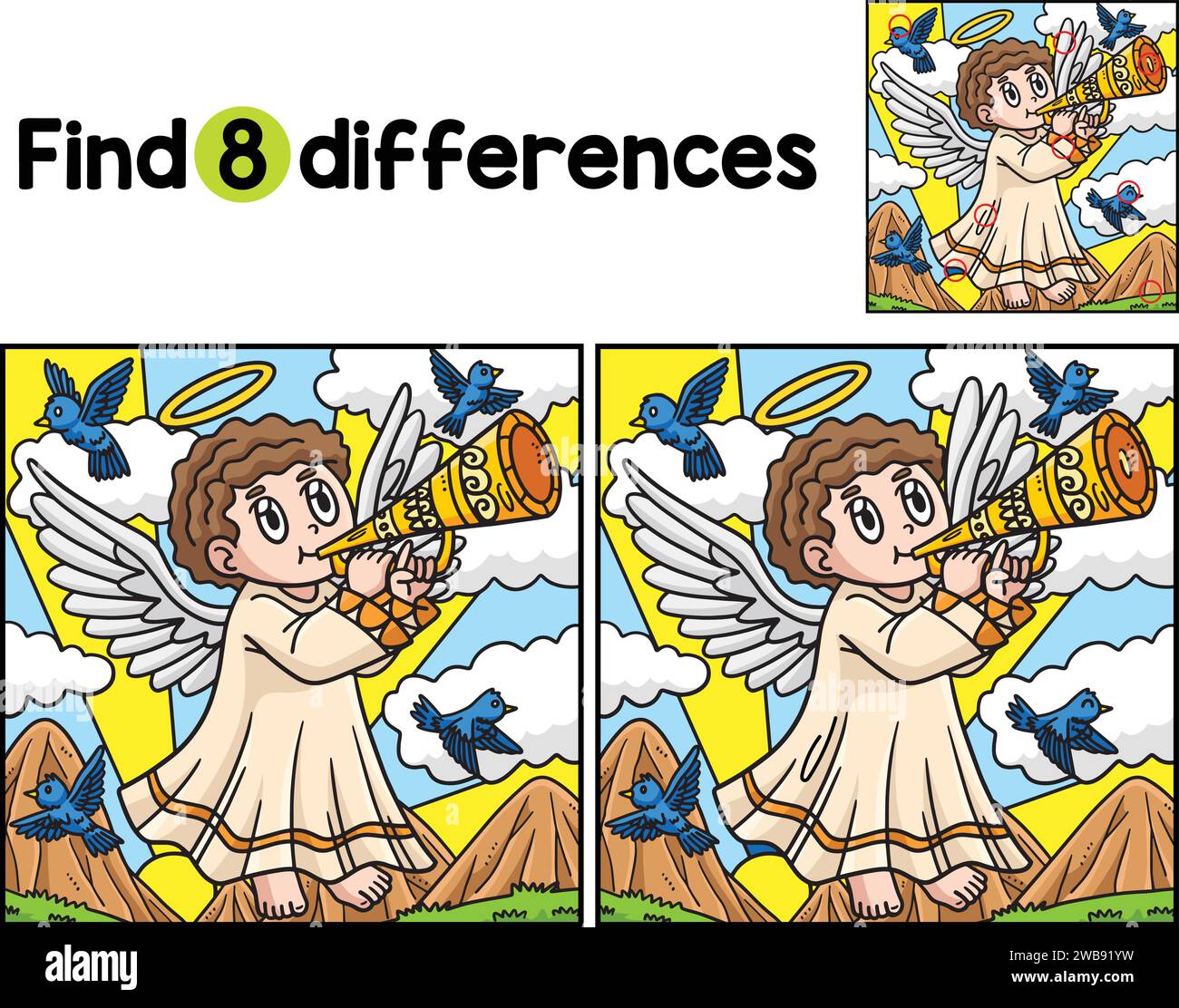 Christian Angel with Trumpet Find The Differences Stock Vector