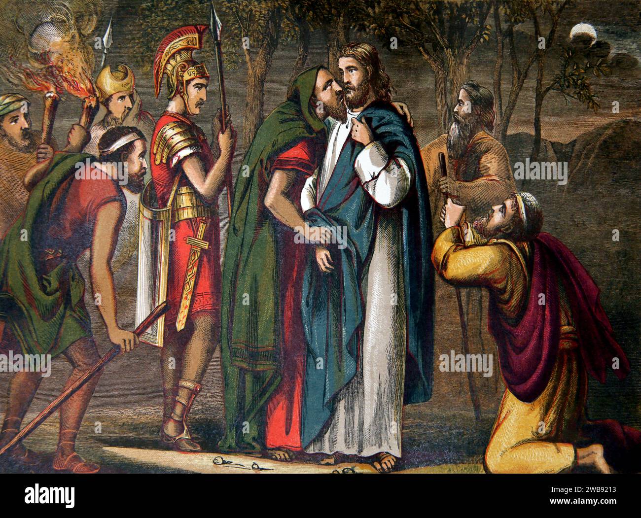 Bible Story Illustration of 'The Judas Kiss' in the Garden of Gethsemane New Testament (Mark) Gospel of Mark from The 19th Century Holy Bible The Alt Stock Photo