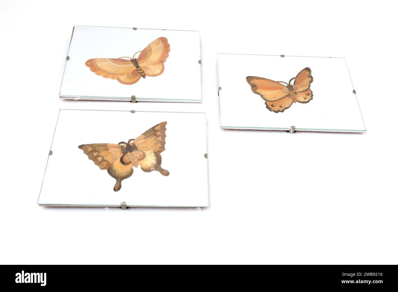 Handmade Delicate Framed Butterflies made of Straw Stock Photo