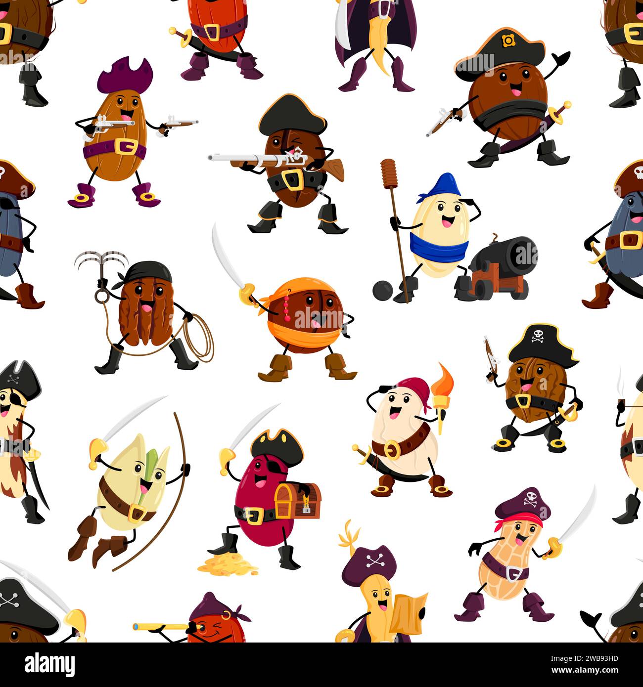 Cartoon nut, bean and legume pirate and corsair characters seamless pattern. Vector background with kidney, soy, macadamia or almond. Coconut, pistachio, peanut and pekan, coffee with pumpkin seed Stock Vector