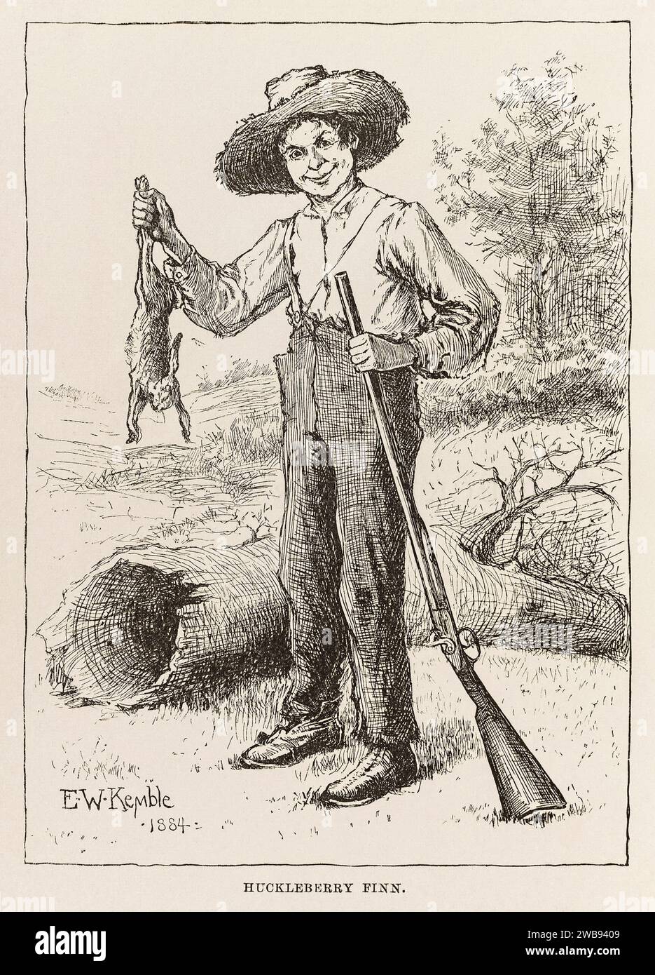 ‘Huckberry Finn’ frontispiece illustration from ‘Adventures of Huckleberry Finn (Tom Sawyer's Comrade)’ by Mark Twain (1835-1910), artwork by E. W. Kemble (1861-1933). Photograph from a 1885 US first edition. Credit: Private Collection / AF Fotografie Stock Photo