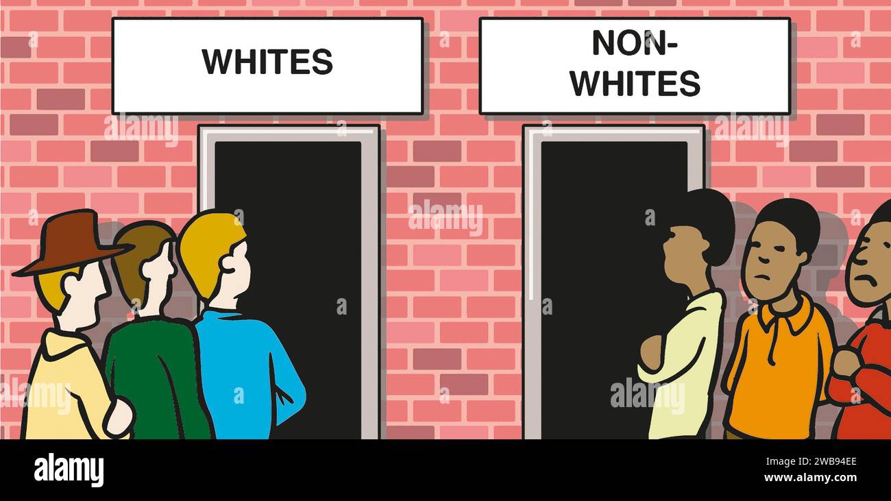 Art showing whites only and a non-whites entrances to a building, illustrating apartheid, segregation Jim Crow laws as practiced in South Africa & USA Stock Photo