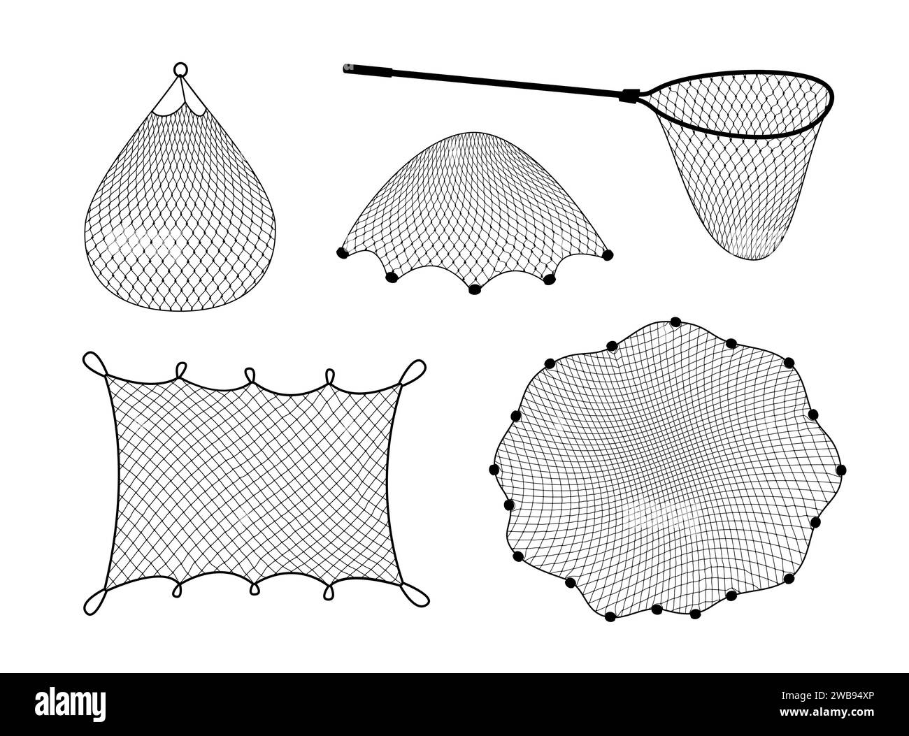 Fish net, isolated fishnet and fish scoop. Isolated 3d vector realistic  mesh tool used for catching, while a skip is handheld device for safely  transferring fish from one container to another or