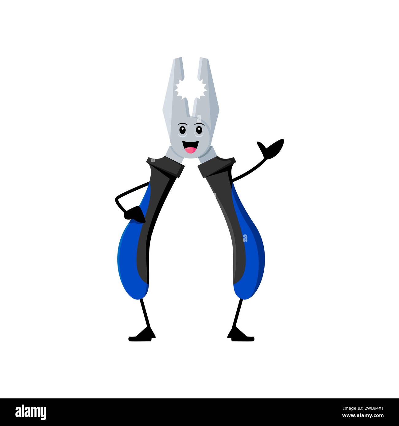 Cartoon funny pliers diy, building and repair tool character. Isolated vector instrument with goofy grin, eyes wide open and arm raised in comical pose, ready for some lighthearted creative mischief Stock Vector