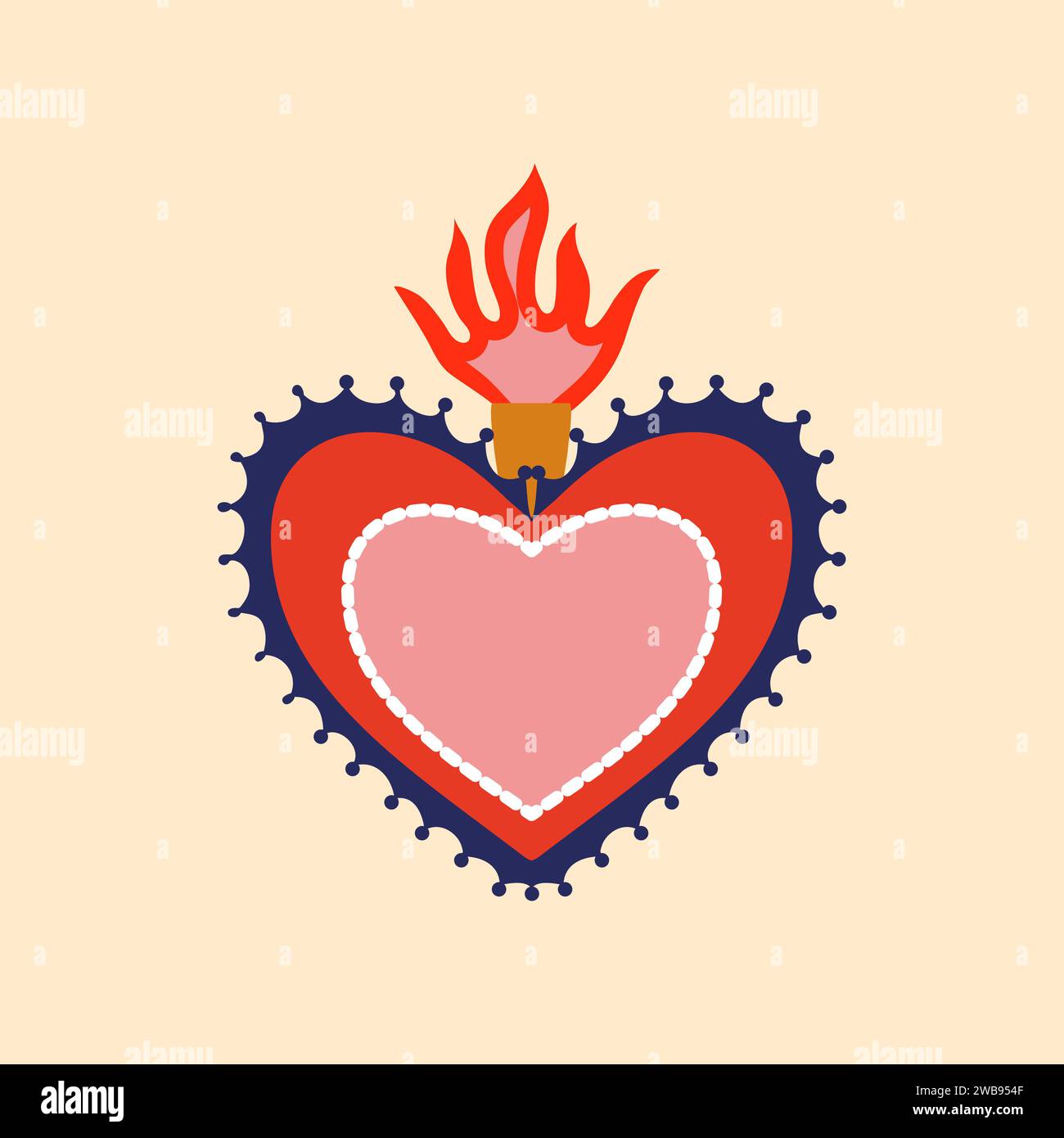 Mexican sacred flaming heart symbol. Mexican Gods heart apparel print, Mexico sacred decoration or Latin America culture love vector symbol. Christian religion spiritual tattoo or patch Stock Vector