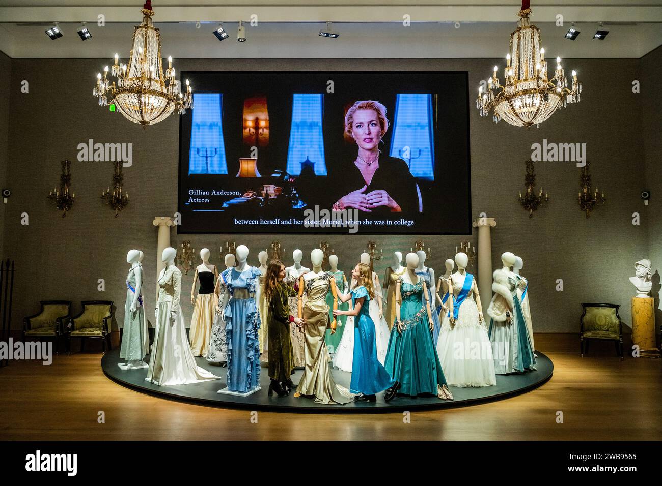 London, UK. 9 Jan 2024. Some of the many dresses including a Full-length teal ballgown, featured in the promotional poster ( © Netflix 2020, Inc.) worn by ClareFoy in Season 2 Episode 1 and Episode 4. Estimate: £3,000-5,000 and one worn by Lia Williams (as Wallis Simpson): A full-length column ballgown in Season 1, Episode 5, 'Smoke and Mirrors', £1,500 - £2,000 - A preview of The Crown Auction at Bonhams New Bond Street, London. More than 450 costumes, sets, and props from the award-winning series The Crown, a Netflix show. Credit: Guy Bell/Alamy Live News Stock Photo