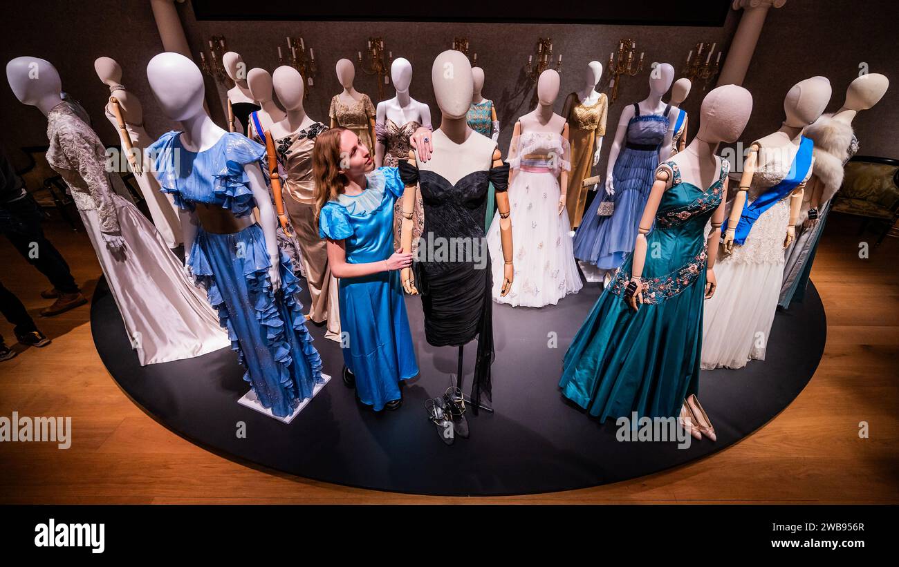 London, UK. 9th Jan, 2024. The 'Revenge dress', custom-made  off-the-shoulder black cocktail dress. Worn by Elizabeth Debicki (as Princess  Diana) in Season 5 Episode 5. Estimate: 8,000-12,000 with some of the many