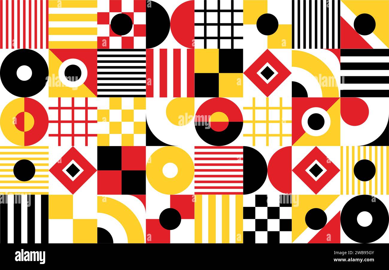 Black, red and yellow modern abstract geometric Bauhaus pattern, vector background. Minimal shapes and colors pattern of Bauhaus style with abstract circle, triangle and rectangle mosaic pattern Stock Vector