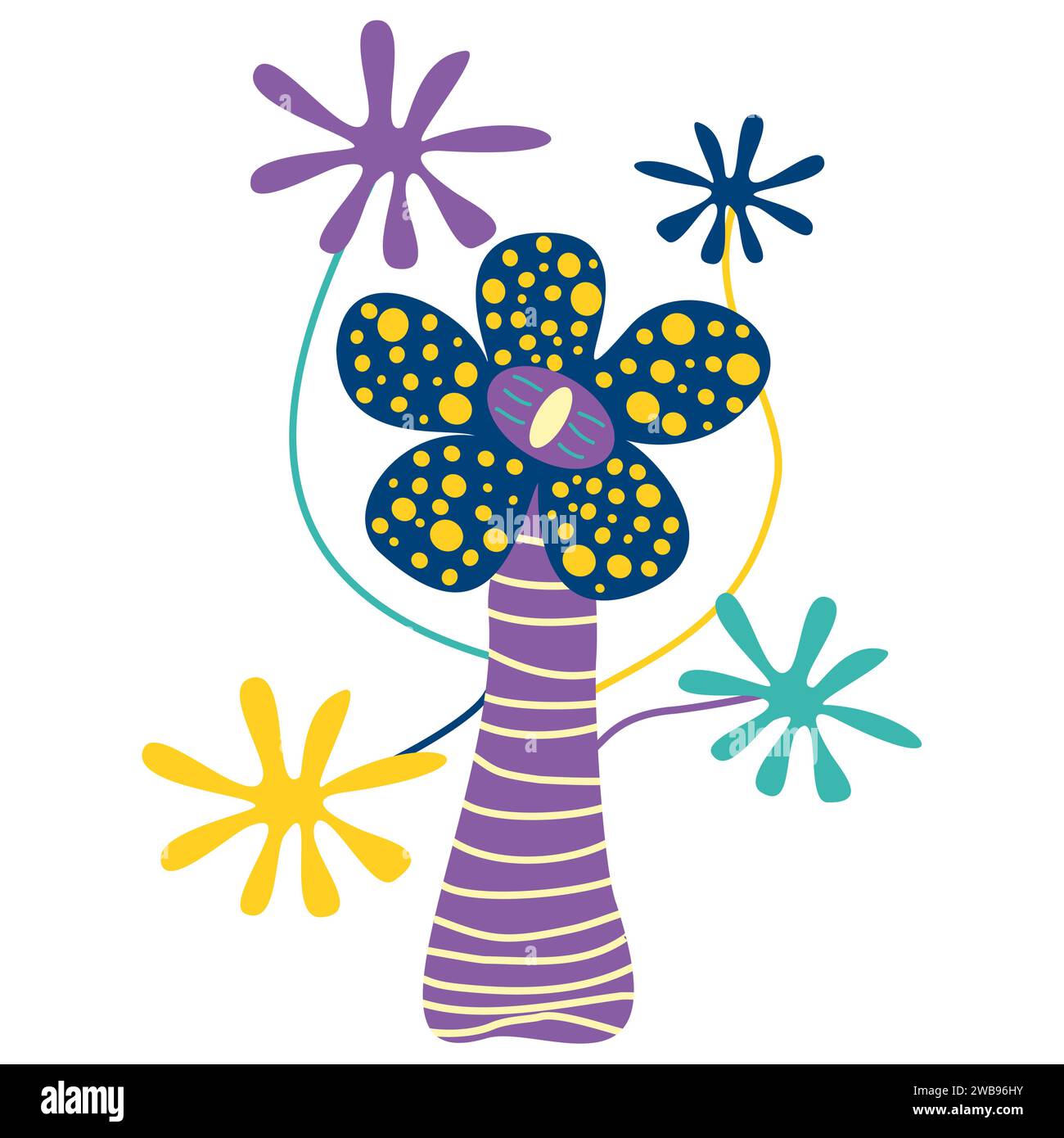 Fantasy magic flower, cartoon Fairy plant. Vector unusual fungi with Dotted petals, Eye and Flowers. Fairytale element for game, alien flora, hallucin Stock Vector