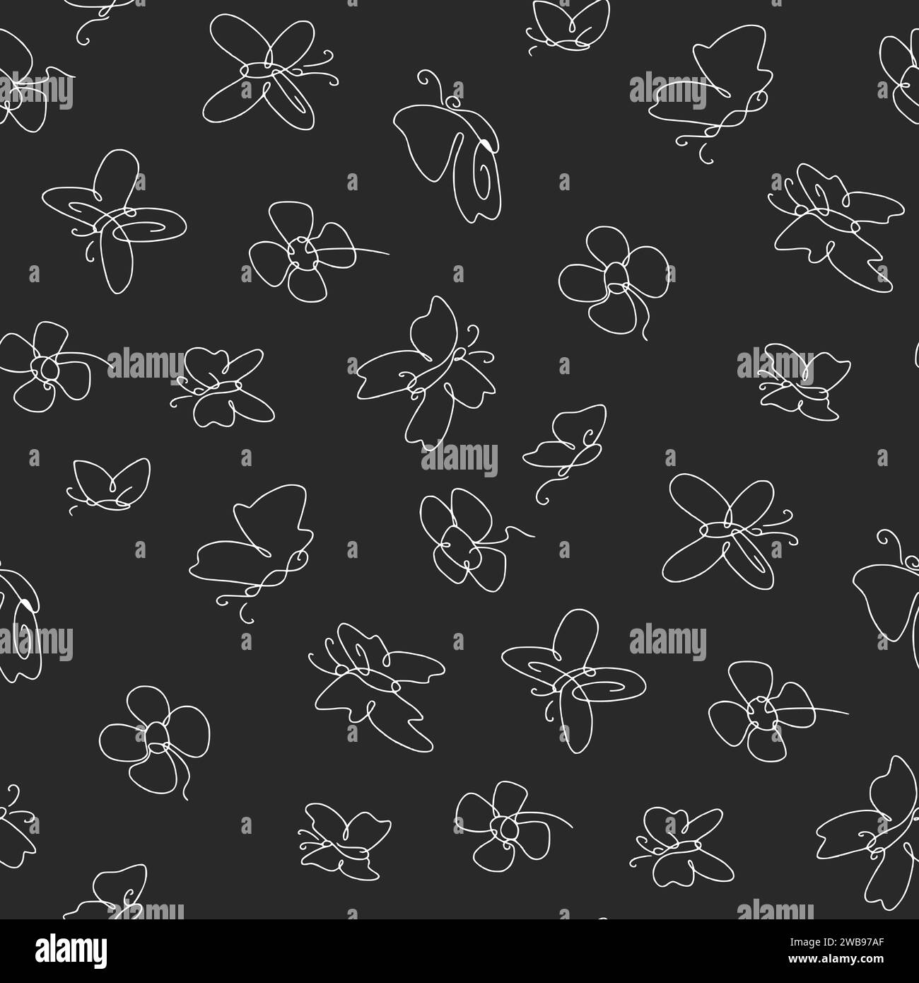 Vector Seamless Black and White Pattern with Flowers and Butterflies ...