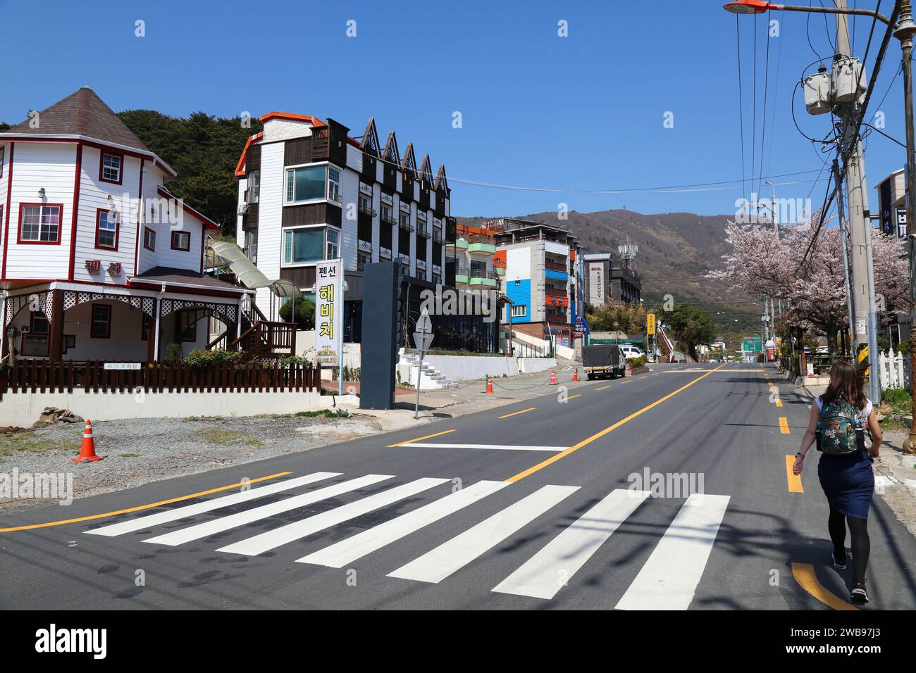 GEOJE, SOUTH KOREA - MARCH 31, 2023: Street view in Hakdong resort town in Geoje island in Gyeongsangnam-do region of South Korea. Stock Photo
