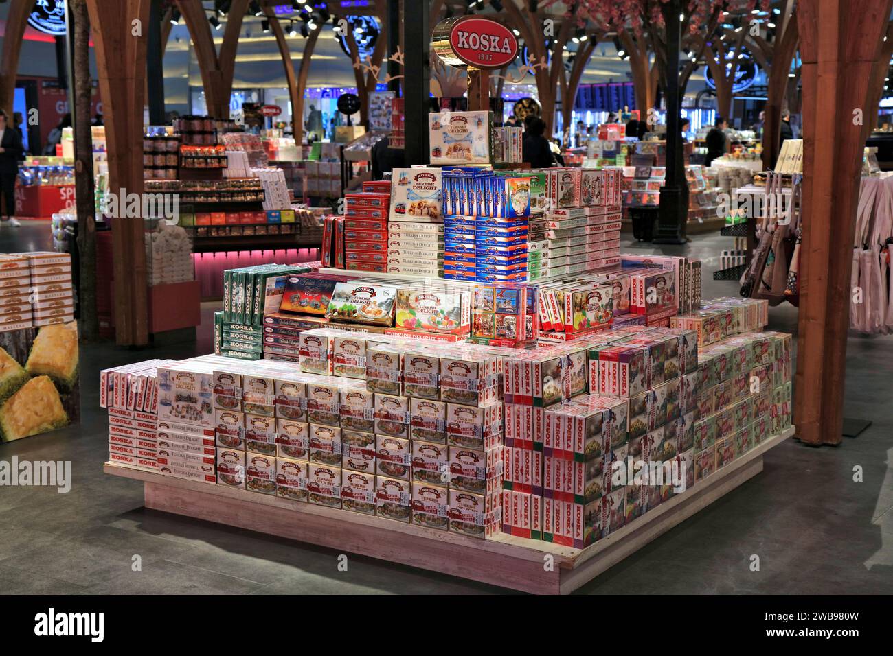 ISTANBUL, TURKEY - APRIL 11, 2023: Koska brand Turkish delight and halva in a duty free shop at Istanbul Airport, one of busiest airports in the world Stock Photo