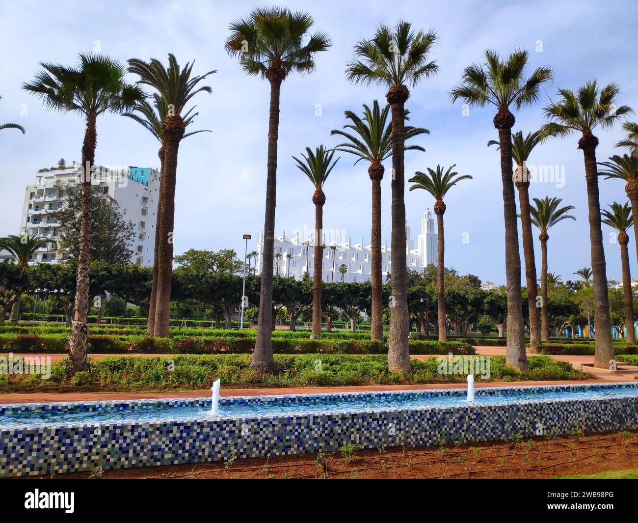 Arab League park in Casablanca, Morocco. Palm trees and fountains. Stock Photo