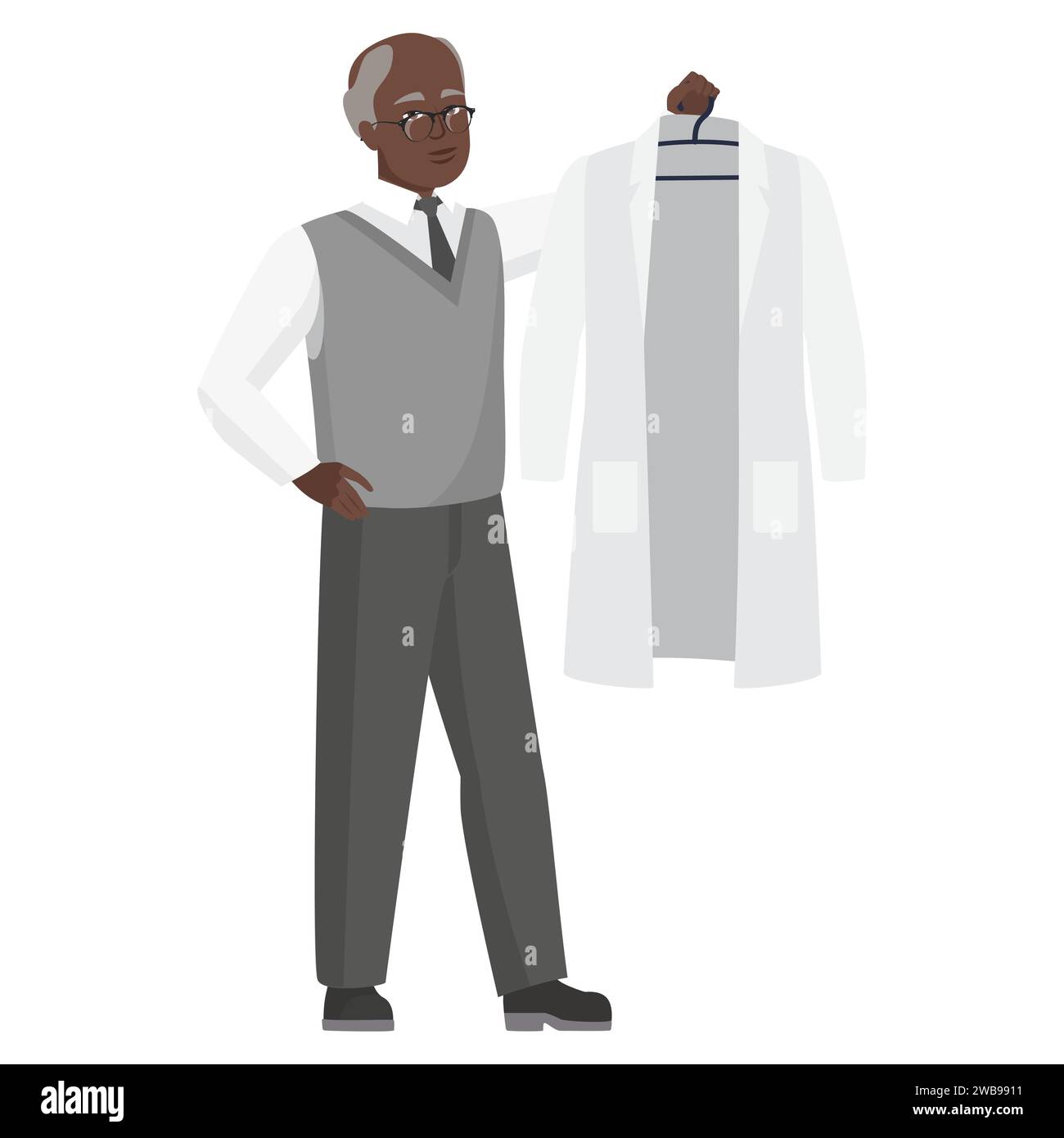 Doctor man holds white coat uniform. Medical hospital worker clothes
